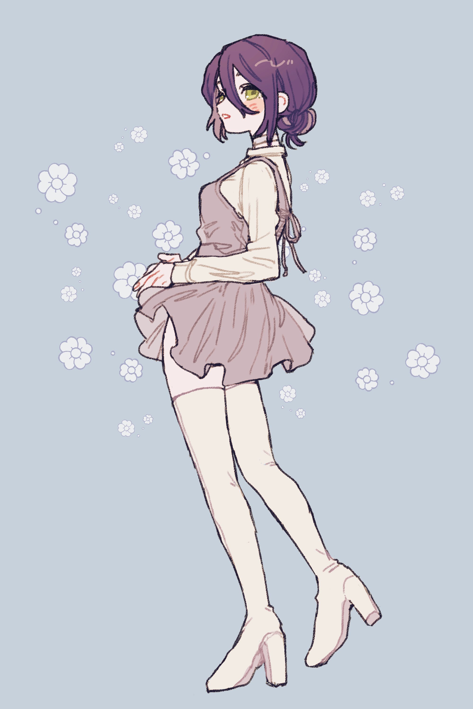 gohanysu, reze (chainsaw man), chainsaw man, absurdres, highres, 1girl, alternate costume, blue background, blush, boots, breasts, choker, dress, floral background, full body, green eyes, grey dress, hair between eyes, hair bun, high heel boots, high heels, medium breasts, medium hair, parted lips, purple hair, shirt, shirt under dress, solo, thigh boots, thighhighs, white boots, white choker, white shirt, zettai ryouiki