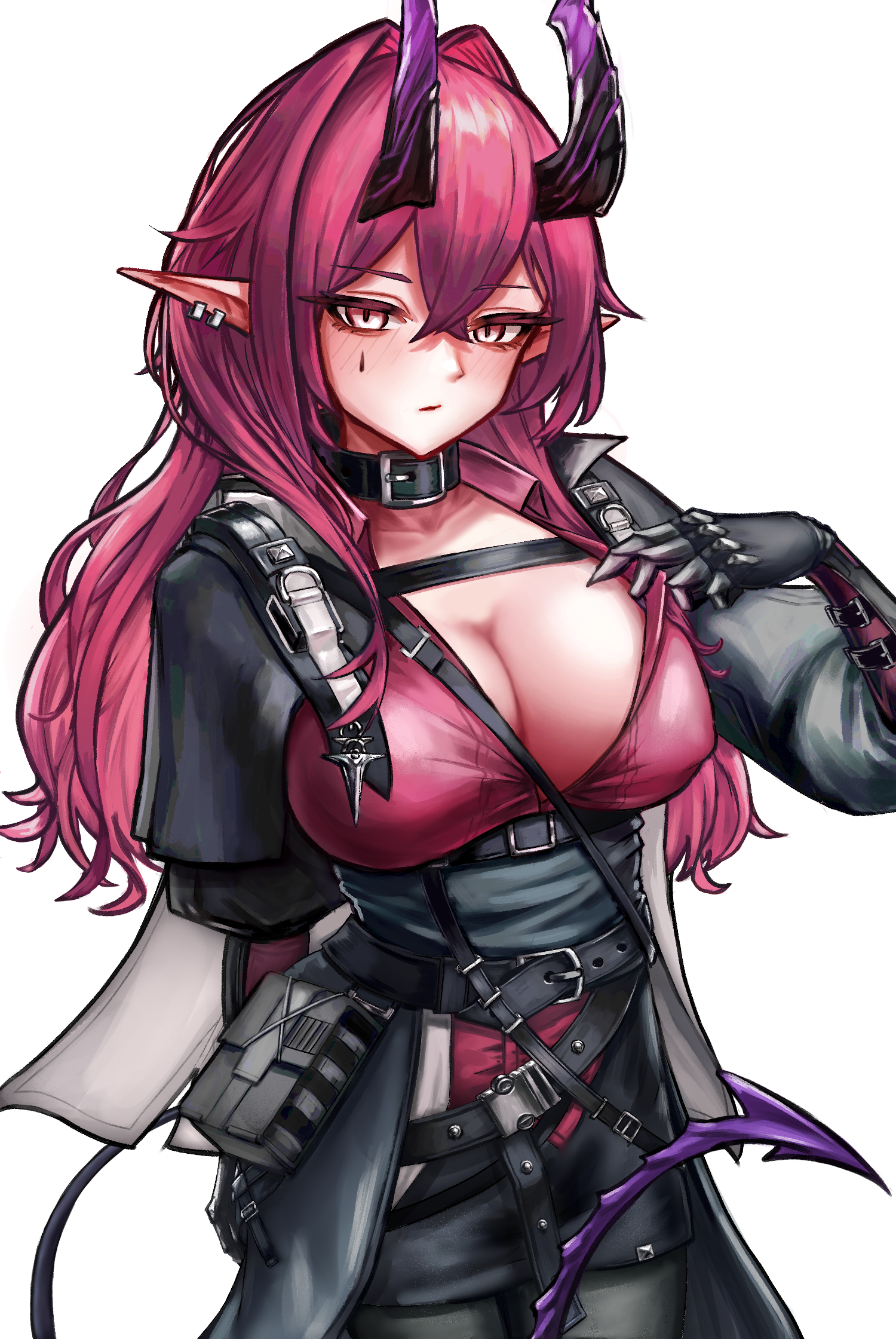 ascalon (arknights), arknights, highres, mixed-language commentary, 1girl, black jacket, black pantyhose, black skirt, breasts, demon girl, demon horns, demon tail, dsr147g, ear piercing, horns, jacket, large breasts, long hair, looking at viewer, pantyhose, piercing, pointy ears, purple eyes, purple hair, simple background, skirt, tail, white background