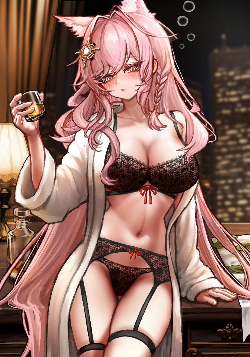 pozyomka (arknights), arknights, highres, mixed-language commentary, 1girl, alcohol, animal ears, black bra, black garter belt, black garter straps, black panties, bra, breasts, building, cup, curtains, drunk, dsr147g, garter belt, garter straps, holding, holding cup, indoors, lamp, large breasts, long hair, navel, night, night sky, panties, pink eyes, pink hair, robe, sky, skyscraper, solo, stomach, thighs, underwear, very long hair, whiskey, white robe, wolf ears, wolf girl