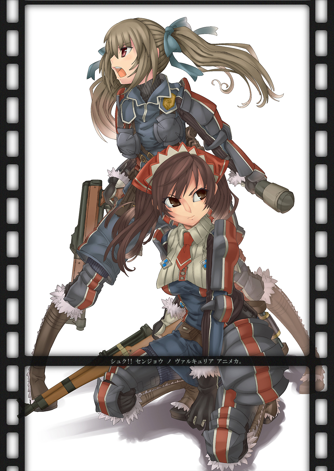 ayaki, alicia melchiott, edy nelson, senjou no valkyria, senjou no valkyria (series), senjou no valkyria 1, highres, 00s, 2girls, armor, boots, brown eyes, brown hair, explosive, gloves, grenade, gun, hair ribbon, military, military uniform, multiple girls, ribbon, rifle, shorts, twintails, weapon