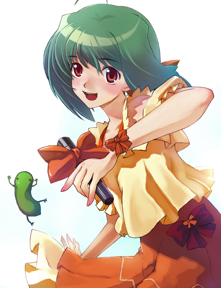 ranka lee, macross, macross frontier, bad id, bad pixiv id, 00s, 1girl, ahoge, blush, dress, female focus, green hair, microphone, orange dress, red eyes, ribbon, short hair, skirt, smile, solo