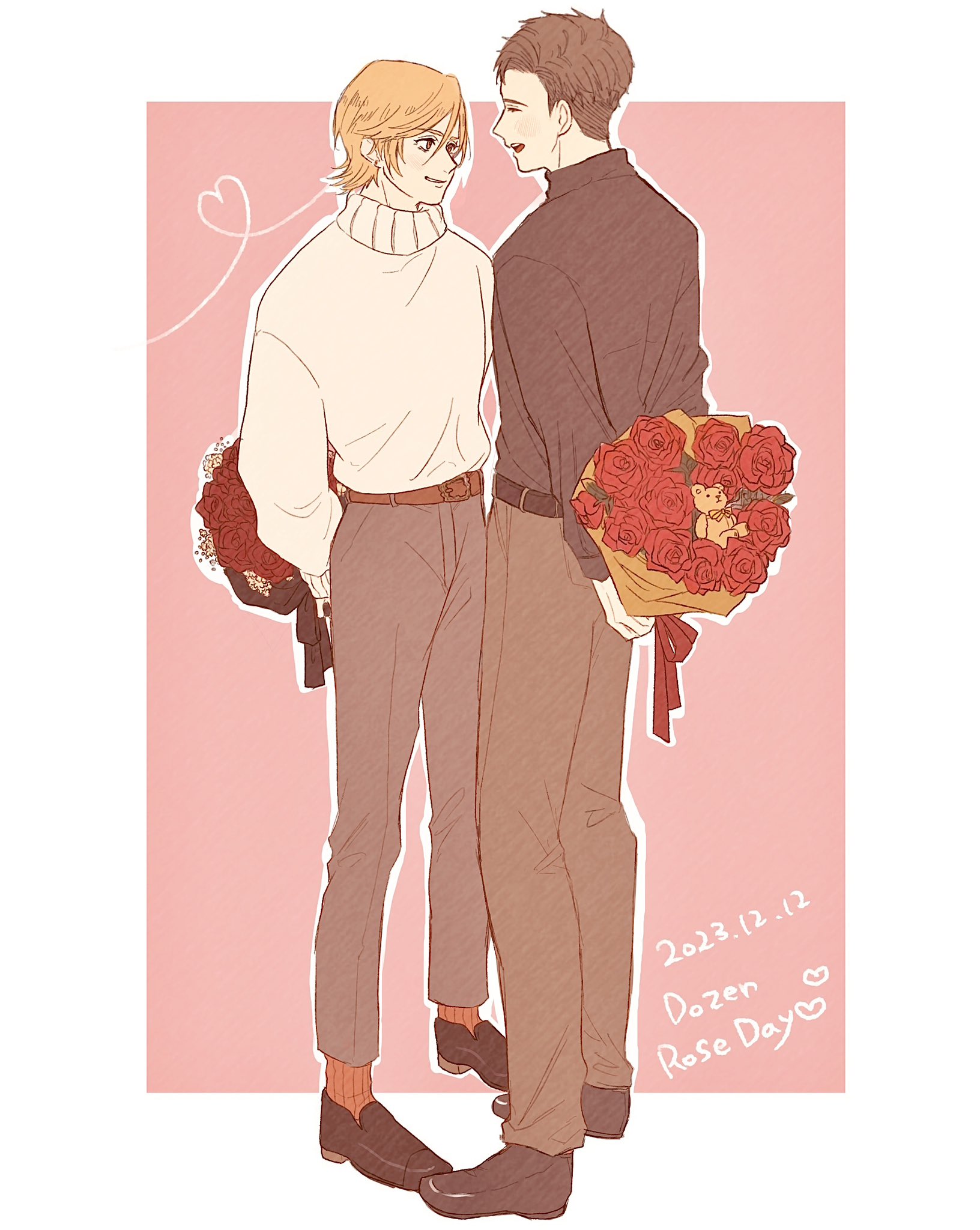 onigiruru, dion lesage, terrence (ff16), final fantasy, final fantasy xvi, highres, 2boys, black shirt, black shoes, blonde hair, border, bouquet, brown hair, closed eyes, couple, dated, flower, full body, grey pants, hair between eyes, holding, holding behind back, looking at another, male focus, multiple boys, open mouth, pants, parted lips, pink background, red flower, red rose, red socks, rose, rose day, shirt, shoes, short hair, socks, stuffed animal, stuffed toy, sweater, teddy bear, white border, white sweater, yaoi