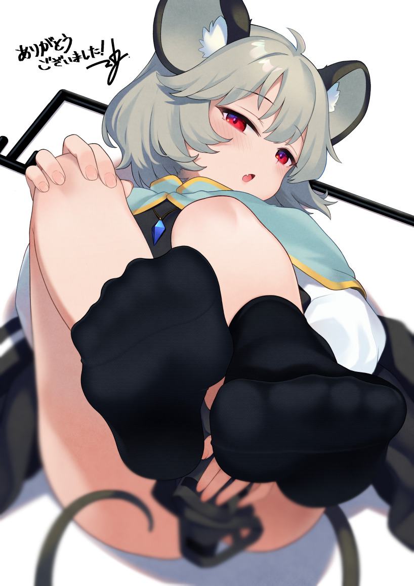 saryuu (iriomote), nazrin, touhou, commentary request, commission, skeb commission, variant set, 1girl, animal ears, black socks, blurry, depth of field, feet, foot focus, grey hair, looking at viewer, mouse ears, mouse girl, mouse tail, open mouth, red eyes, short hair, socks, solo, tail, toes
