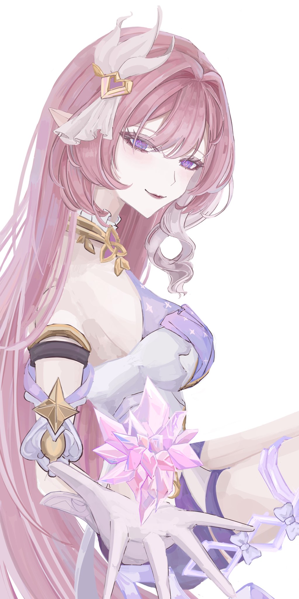 elysia (herrscher of human: ego) (honkai impact), elysia (honkai impact), honkai (series), honkai impact 3rd, commentary, english commentary, highres, 1girl, black shorts, breasts, corset, crystal flower, diamond-shaped pupils, diamond (shape), elf, hair ornament, large breasts, long hair, looking at viewer, pink hair, pointy ears, popoko n, purple eyes, shorts, simple background, smile, solo, symbol-shaped pupils, thighs, triquetra, very long hair, white background, white corset