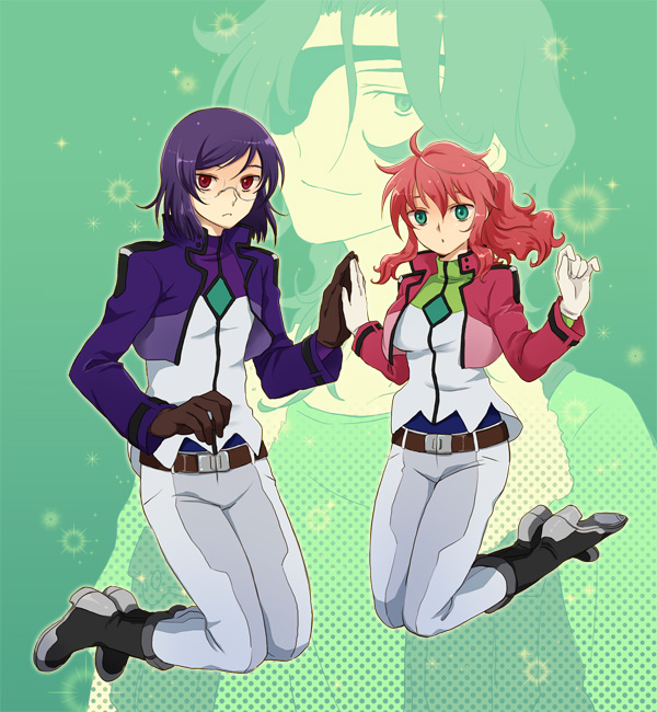 plum (arch), feldt grace, lockon stratos, tieria erde, gundam, gundam 00, 00s, 1girl, 2boys, belt, boots, cropped jacket, eyepatch, glasses, gloves, green eyes, jumping, multiple boys, pants, pink hair, ponytail, purple hair, red eyes, short hair