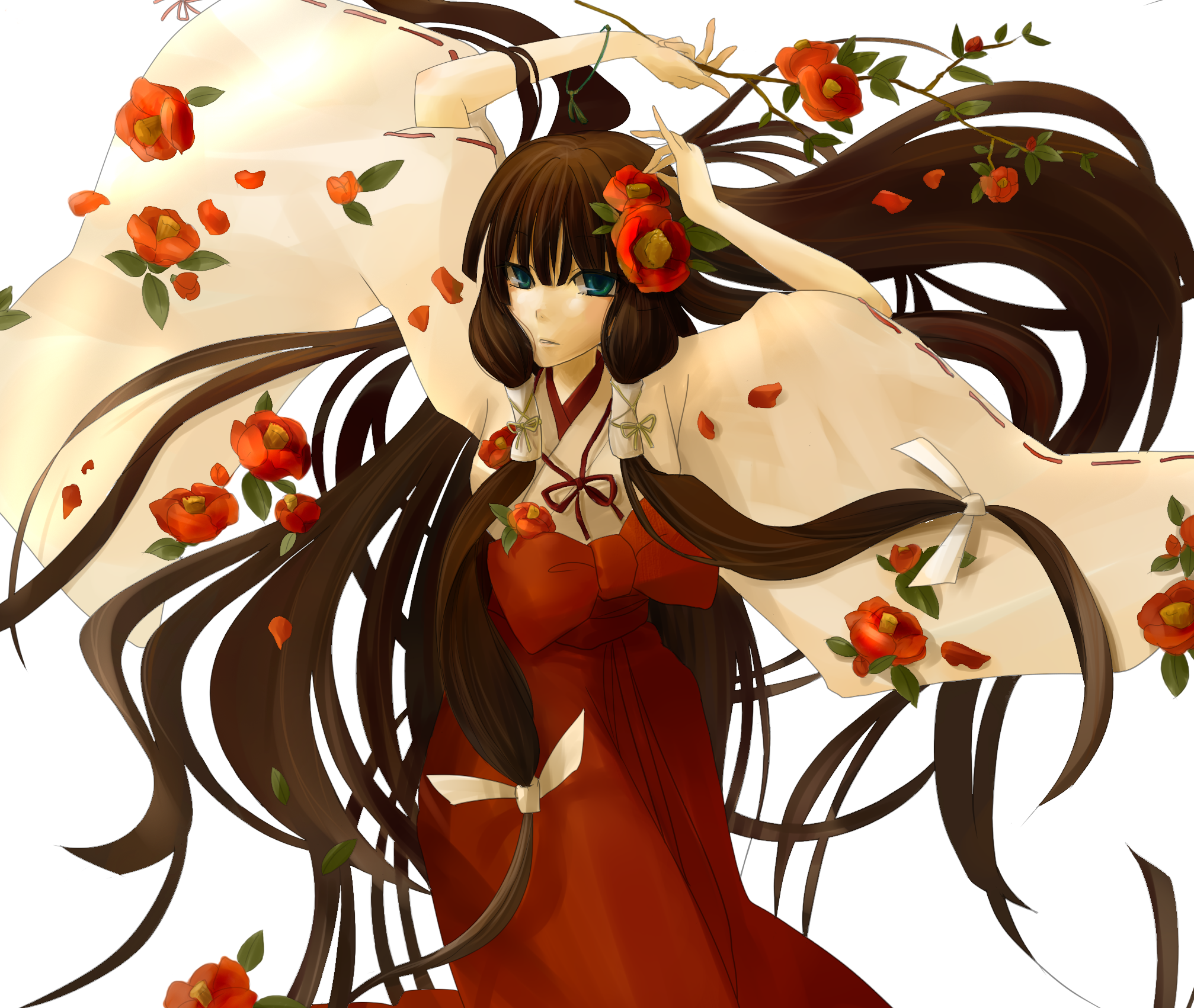 nyakki21, original, highres, 1girl, blue eyes, brown hair, camellia, female focus, flower, japanese clothes, long hair, miko, ribbon, solo, very long hair