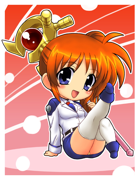 rokko, raising heart, raising heart (accel mode), takamachi nanoha, lyrical nanoha, mahou shoujo lyrical nanoha, mahou shoujo lyrical nanoha strikers, bad id, bad pixiv id, 00s, 1girl, blue eyes, chibi, female focus, military, military uniform, orange hair, panties, pantyshot, purple eyes, solo, thighhighs, underwear