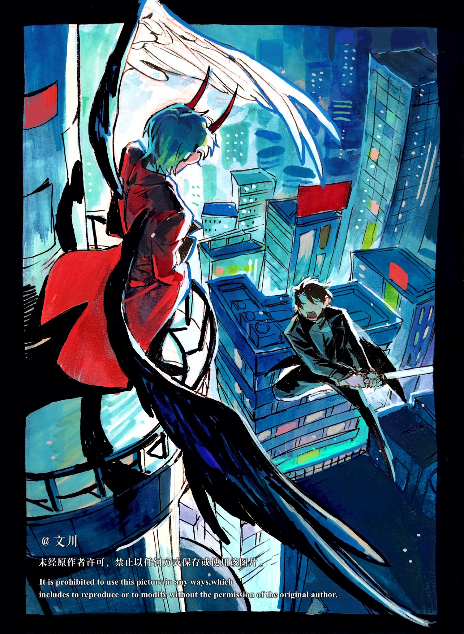 yoo joonghyuk, omniscient reader's viewpoint, highres, 2boys, attack, balcony, black border, black coat, black hair, black wings, border, building, cheon inho, city, city lights, coat, demon horns, feathered wings, from above, full body, holding, holding sword, holding weapon, horns, jumping, male focus, multiple boys, nicayuko, night, no eyes, open clothes, open coat, outside border, red coat, short hair, skyscraper, standing, sword, weapon, wings