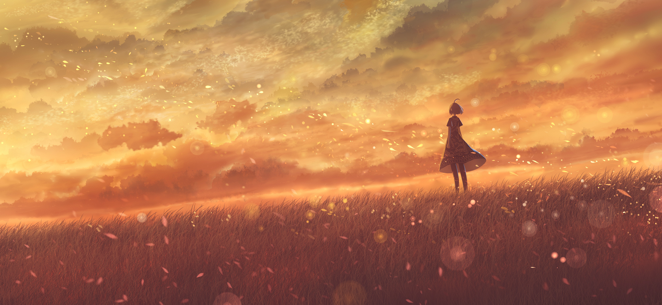 sakimori (hououbds), original, commentary, highres, 1girl, cloud, dusk, floating hair, glowing motes, gradient sky, monochrome, orange sky, outdoors, scenery, sky, sunset, twilight, wind, wind lift
