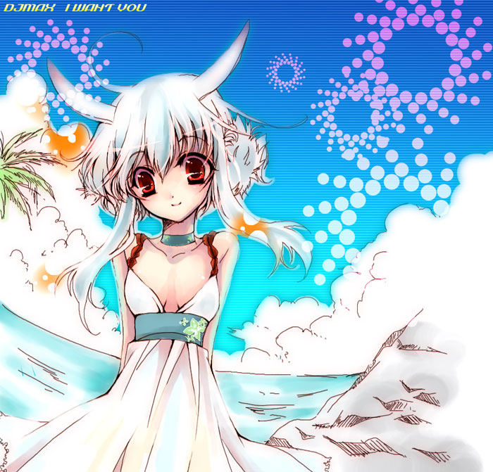 usa (cubic), suee, djmax, djmax portable, djmax technika, bad id, bad pixiv id, animal ears, dress, rabbit ears, red eyes, sky, solo, white hair