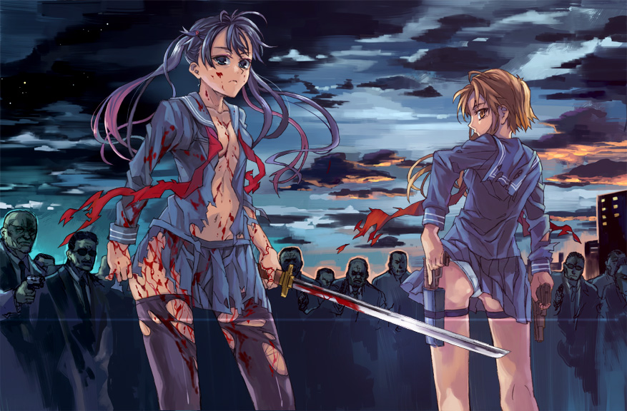 kno1, 2girls, ass, blood, clothes lift, dual wielding, gun, handgun, hands on own hips, holding, holster, looking back, multiple girls, outdoors, panties, pistol, school uniform, semi-automatic pistol, serafuku, skirt, skirt lift, sword, thigh strap, thighhighs, torn clothes, underwear, weapon