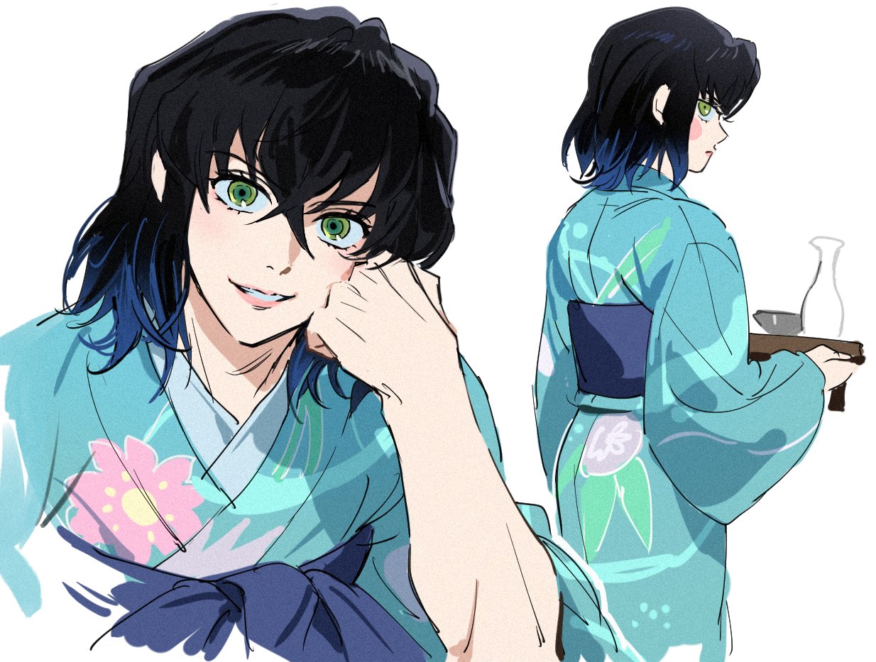 hashibira inosuke, kimetsu no yaiba, 1boy, alcohol, aqua kimono, black hair, blue hair, blush, choko (cup), colored tips, crossed bangs, cup, floral print, floral print kimono, green eyes, hair between eyes, head on hand, holding, holding plate, japanese clothes, kimono, looking at viewer, male focus, medium hair, multicolored hair, multiple views, namooggg, parted lips, plate, print kimono, sakazuki, sake, smile, solo, white background