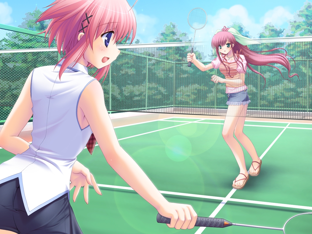 ikegami akane, futaba hinata, takatsuka mizuki, hoshiful, non-web source, 2girls, badminton, badminton racket, casual, feet, green eyes, long hair, multiple girls, pink hair, ponytail, purple eyes, racket, sandals, short hair