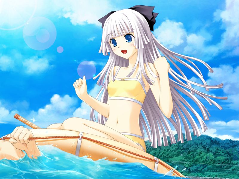 nekonyan, kujou miyaho, rokujou miyaho, kono aozora ni yakusoku wo, game cg, jpeg artifacts, 00s, 1boy, 1girl, afloat, bikini, blue eyes, blue sky, blunt bangs, bow, breasts, clenched hands, cloud, cloudy sky, day, from side, hair bow, hime cut, inflatable raft, innertube, kneeling, lens flare, long hair, looking at another, mountain, navel, ocean, outdoors, partially submerged, pulling, rope, seiza, sidelocks, sitting, sky, small breasts, solo focus, sun, swim ring, swimsuit, tankini, very long hair, water, white hair, yellow bikini