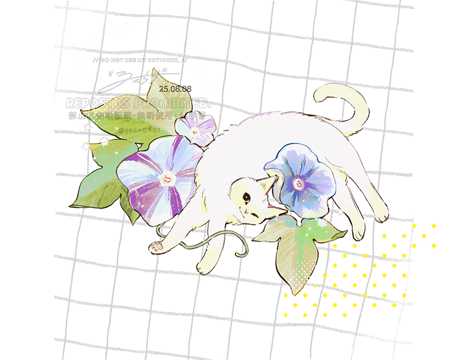 hakuchizu, original, commentary, animal focus, baby animal, blue flower, brown eyes, cat, flower, gingham, international cat day, kitten, morning glory, no humans, one eye closed, plant, purple flower, undersized animal, vines, white cat