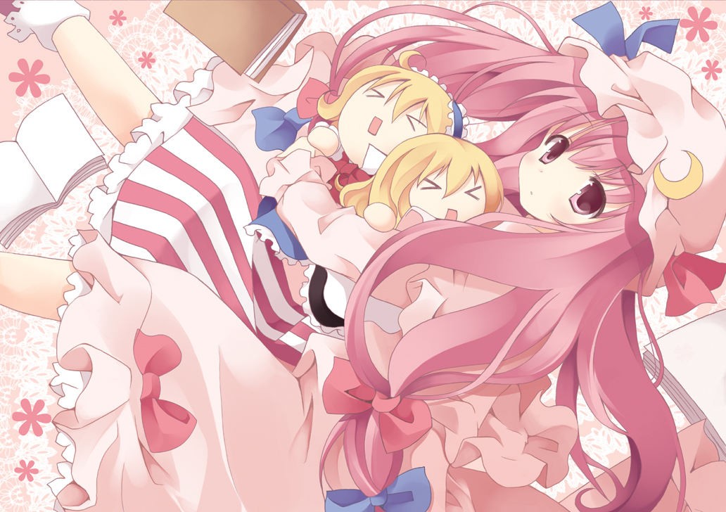 kiseki, mizuse kiseki, alice margatroid, kirisame marisa, patchouli knowledge, touhou, bad id, bad pixiv id, photoshop (medium), > <, 1girl, blonde hair, book, bow, character doll, closed eyes, crescent, crescent hat ornament, crescent moon, doll, female focus, hair ribbon, hairband, hat, hat ornament, long hair, moon, open mouth, pink bow, purple eyes, purple hair, ribbon, solo