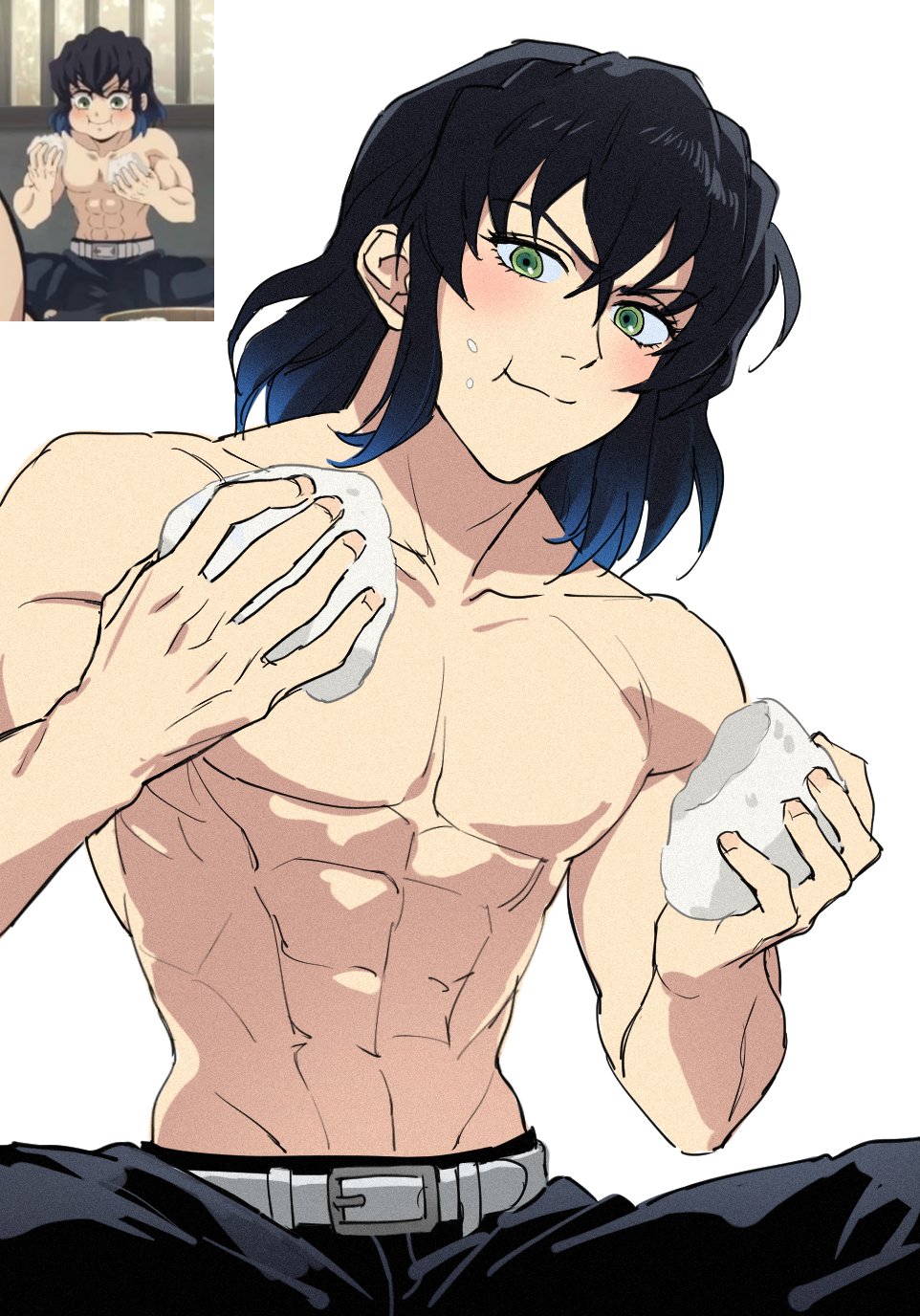 hashibira inosuke, kimetsu no yaiba, highres, 1boy, belt, belt buckle, black hair, black pants, blue eyes, buckle, chewing, crossed bangs, eating, food, food on face, green eyes, hair between eyes, holding, holding food, light blush, male focus, medium hair, muscular, muscular male, namooggg, onigiri, pants, reference inset, smile, solo, topless male, upper body, white background, white belt
