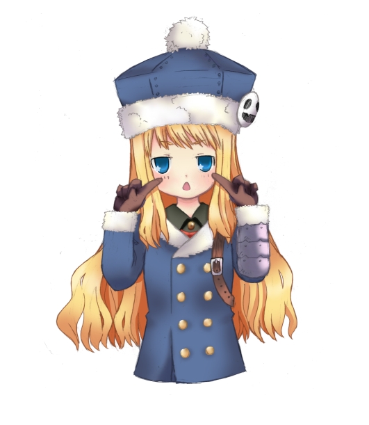 gunner (sekaiju), gunner 2 (sekaiju), jack frost (megami tensei), atlus, etrian odyssey, bad id, bad pixiv id, 1girl, armor, blonde hair, blue eyes, blush, female focus, hat, long hair, pointing, solo, wavy hair