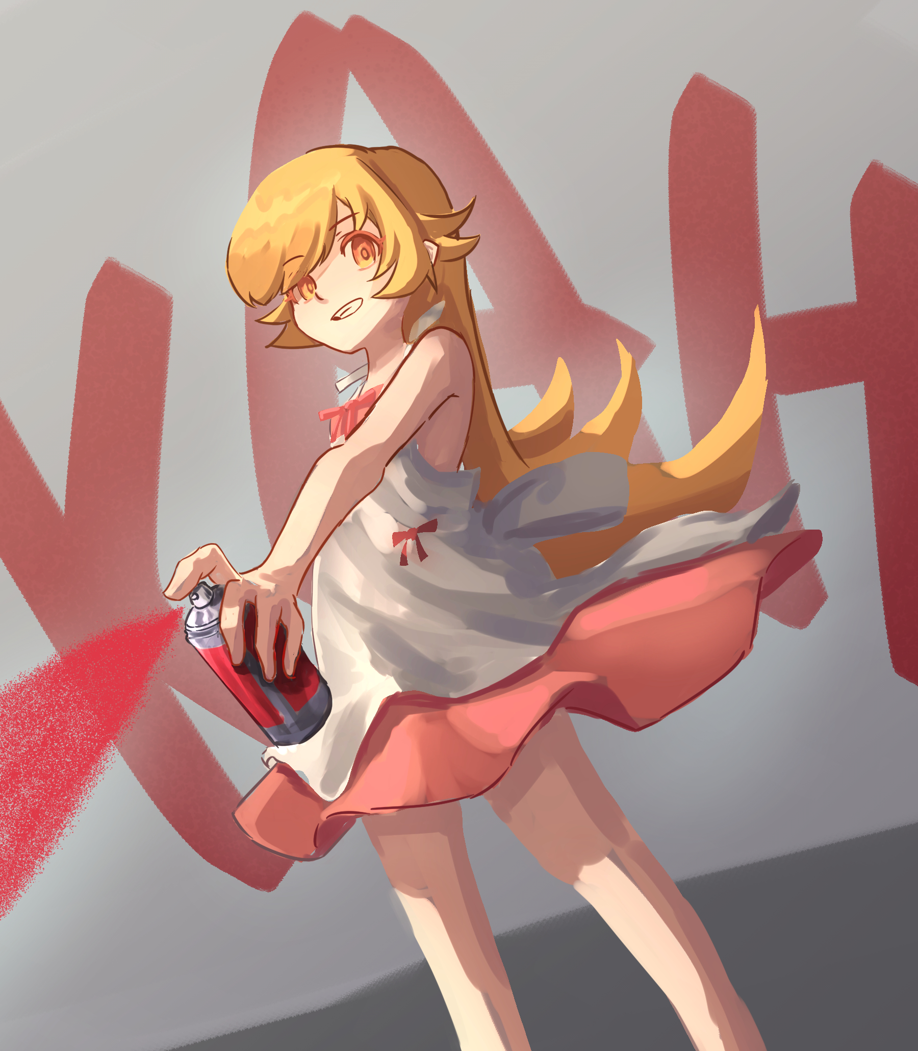 oshino shinobu, monogatari (series), highres, 1girl, apron, arm at side, back ribbon, blonde hair, bow, bow apron, bright pupils, can, clothes lift, dutch angle, feet out of frame, flipped hair, full body, grey background, grin, hair flaps, holding, holding can, long hair, oretekiya, outstretched arm, paint, paint sprayer, pointy ears, red paint, red skirt, simple background, skirt, skirt flip, smile, solo, spray can, spraying, standing, swept bangs, text background, very long hair, waist bow, white apron, white pupils, yellow eyes