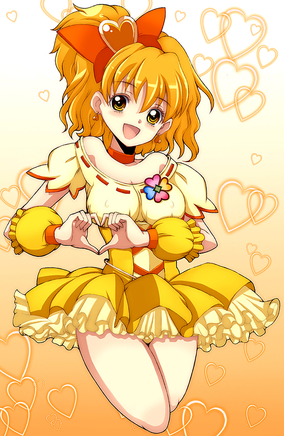 kannagi kaname, cure pine, yamabuki inori, fresh precure!, precure, bad id, bad pixiv id, 00s, 1girl, :d, bare shoulders, eyelashes, female focus, gradient background, hair ornament, heart, heart hair ornament, heart hands, magical girl, open mouth, orange background, orange hair, smile, solo, yellow eyes