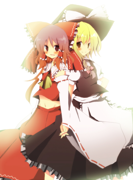 pasutel, tarao, hakurei reimu, kirisame marisa, touhou, 2girls, ascot, blouse, braid, female focus, hat, holding hands, japanese clothes, midriff, miko, multiple girls, navel, shirt, side braid, skirt, sleeveless, sleeveless shirt, white background, white shirt, witch, witch hat, yellow ascot
