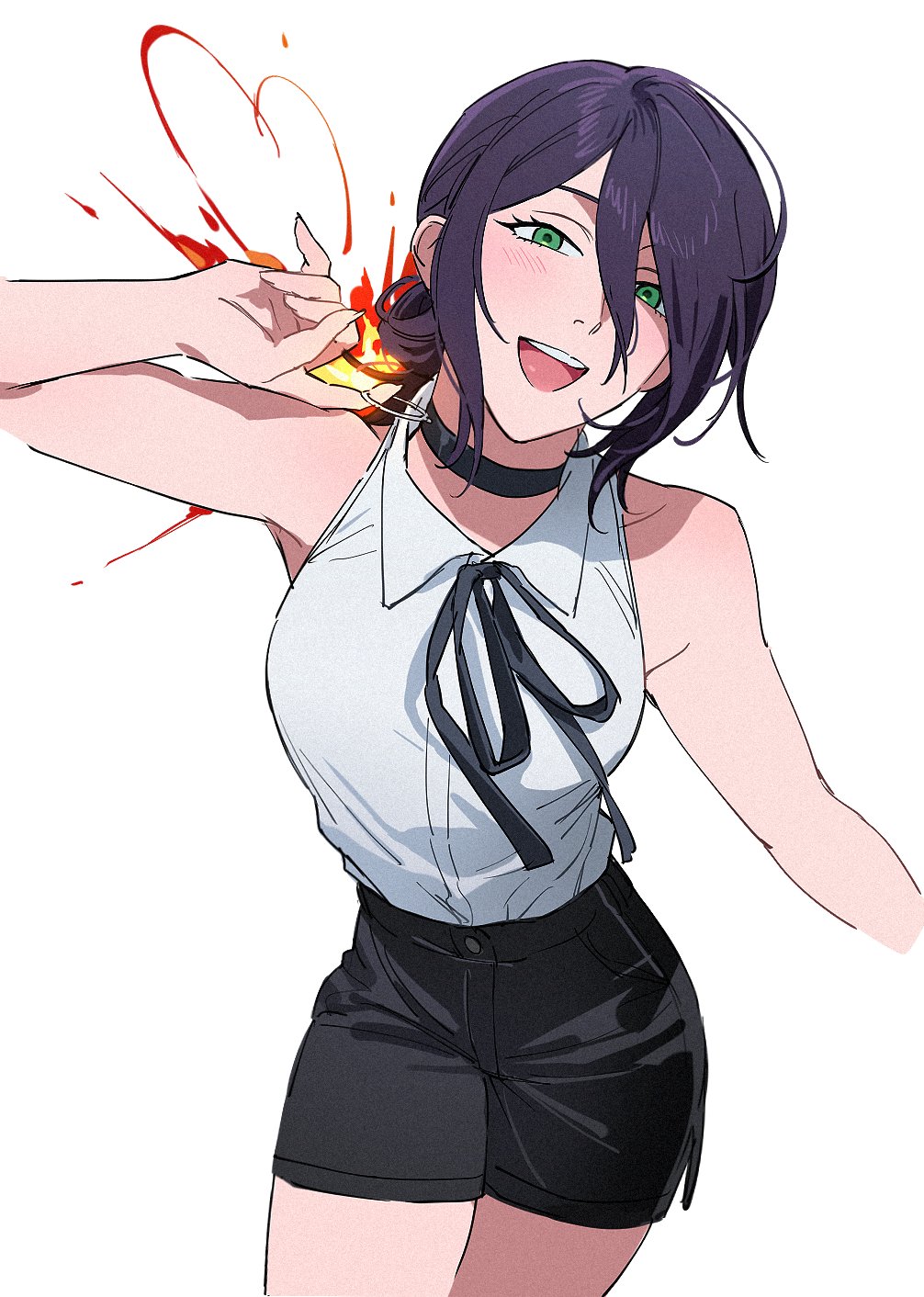 reze (chainsaw man), chainsaw man, highres, 1girl, bare shoulders, black choker, black ribbon, black shorts, breasts, choker, collared shirt, cowboy shot, explosion, explosion background, green eyes, grenade pin, hair between eyes, hair bun, light blush, looking at viewer, medium breasts, medium hair, namooggg, neck ribbon, open mouth, purple hair, ribbon, shirt, shorts, sleeveless, sleeveless shirt, smile, solo, white background, white shirt