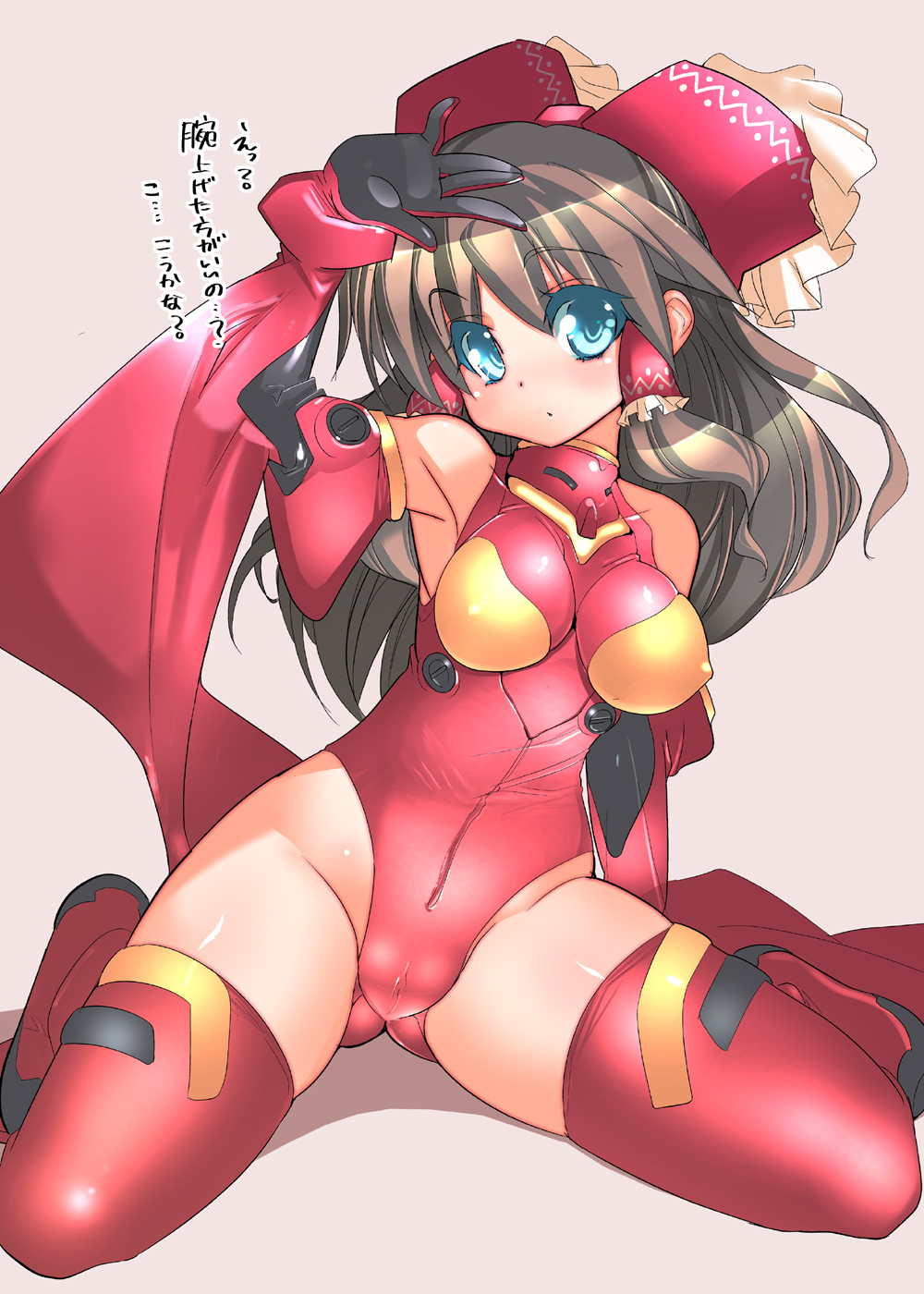 a-walk, fujishima-sei ichi-gou, hakurei reimu, souryuu asuka langley, neon genesis evangelion, touhou, beige background, pilot suit, highres, translation request, 1girl, adapted costume, arm support, armpits, bare shoulders, black hair, blue eyes, blush, boots, bow, bracer, breasts, cameltoe, colored eyelashes, cosplay, covered erect nipples, detached sleeves, facing viewer, female focus, frills, full body, gloves, grey hair, groin, hair bow, hair tubes, halterneck, hand on own head, highleg, highleg leotard, hip focus, impossible clothes, impossible leotard, leaning to the side, leotard, long hair, looking at viewer, mecha pilot suit, medium breasts, parted lips, plugsuit (cosplay), plugsuit (evangelion), polka dot, puffy detached sleeves, puffy sleeves, pussy, red boots, red bow, red leotard, shadow, shiny clothes, sidelocks, simple background, sitting, skin tight, solo, souryuu asuka langley (cosplay), spread legs, thigh boots, thighhighs, thighs, turtleneck, wariza