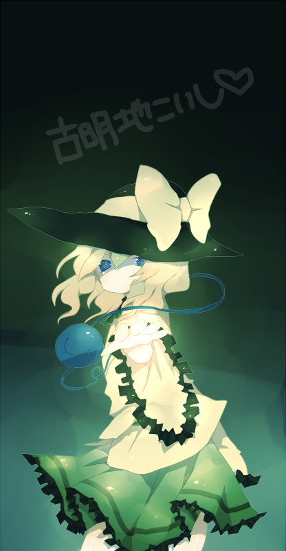 komeiji koishi, touhou, 1girl, black hat, blonde hair, blue eyes, bow, closed mouth, cowboy shot, expressionless, female focus, frilled sleeves, frills, glowing, gradient background, green skirt, hair between eyes, hat, hat bow, heart, long hair, long sleeves, looking at viewer, outstretched arm, shiny skin, shirt, skirt, solo, standing, string, third eye, wide sleeves, yellow bow, yellow shirt
