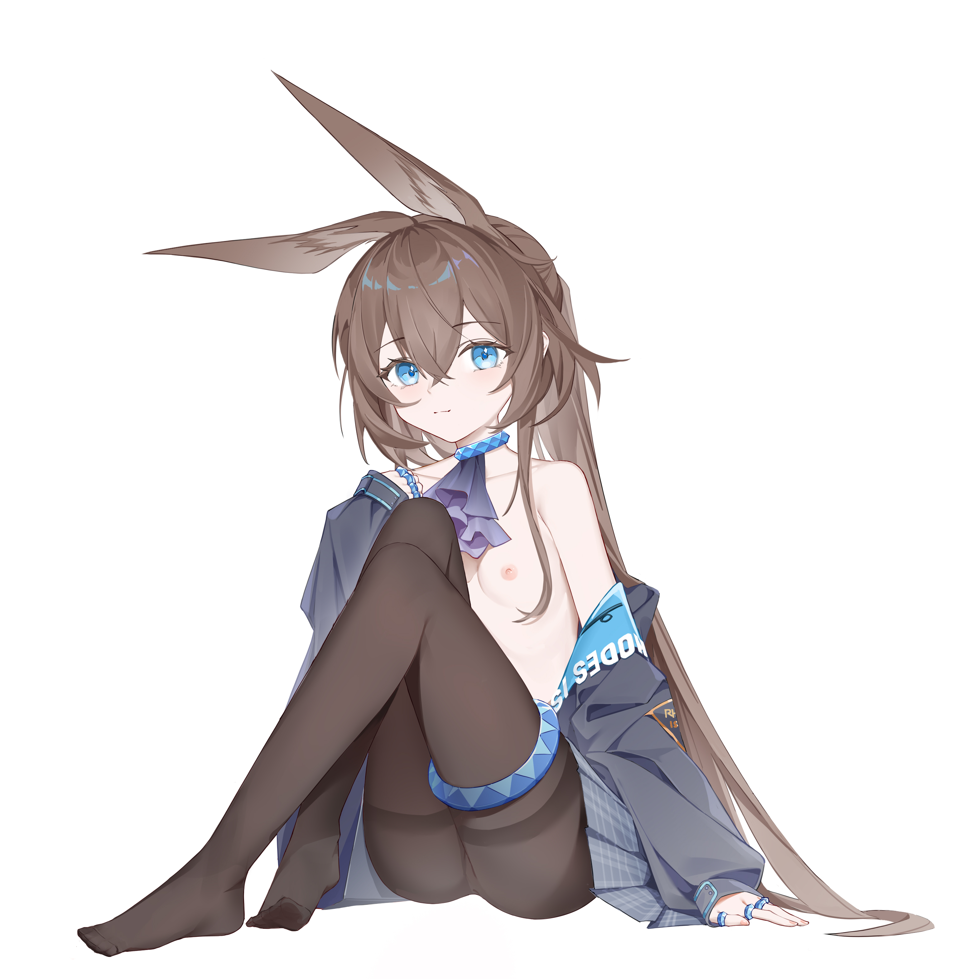 seele xixixi, amiya (arknights), arknights, absurdres, chinese commentary, commentary request, highres, variant set, 1girl, animal ears, arm support, ascot, ass, black jacket, black pantyhose, blue eyes, breasts, closed mouth, collarbone, convenient leg, full body, grey ascot, grey skirt, hair between eyes, hand up, jacket, knees up, long bangs, long hair, long sleeves, looking at viewer, nipples, no bra, no panties, no shirt, no shoes, off shoulder, open clothes, open jacket, pantyhose, partially undressed, simple background, sitting, skirt, small breasts, solo, very long hair, white background