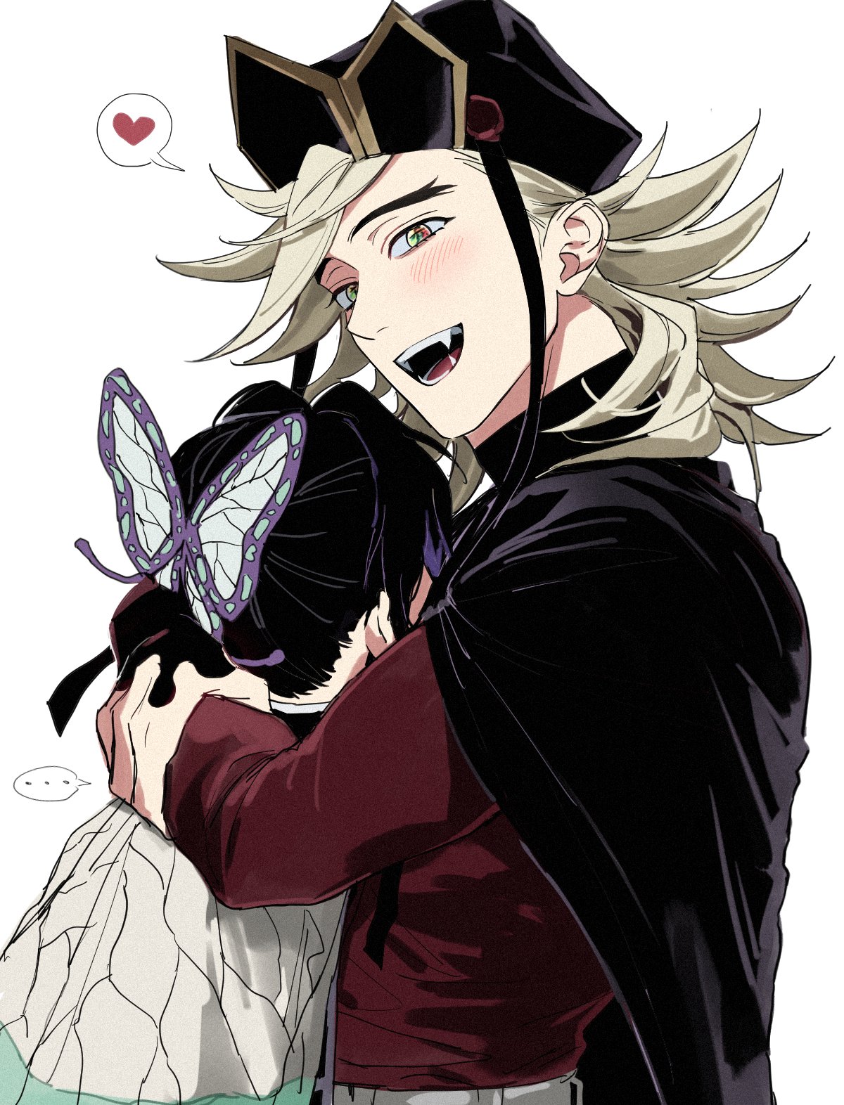douma (kimetsu no yaiba), kochou shinobu, kimetsu no yaiba, highres, …, 1boy, 1girl, animal print, arms around neck, black cloak, black hat, blonde hair, blush, butterfly hair ornament, butterfly print, butterfly print haori, cloak, fangs, hair ornament, haori, hat, heart, hetero, hug, japanese clothes, long hair, namooggg, open mouth, parted bangs, print haori, red shirt, shirt, sidelocks, spoken ellipsis, spoken heart, swept bangs, updo, upper body, white background