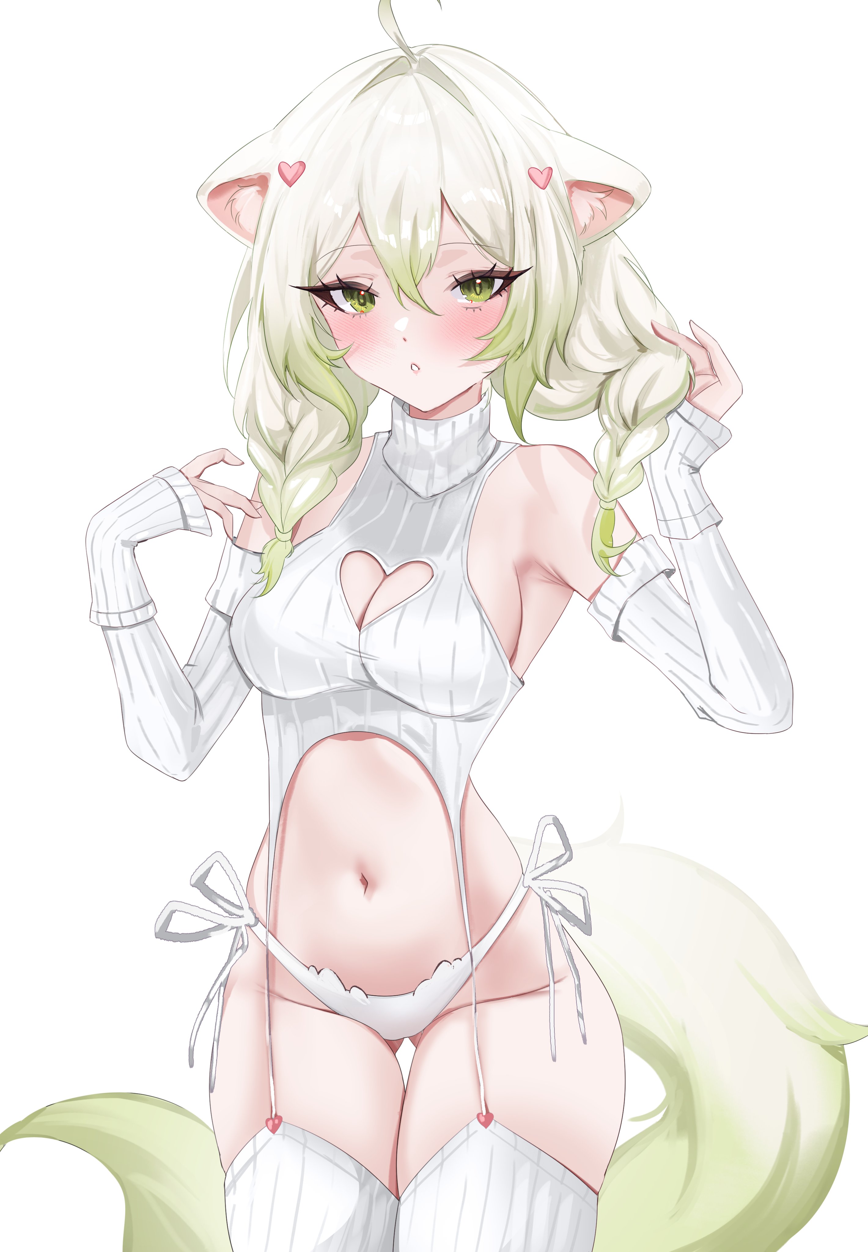 miuq chan, laimu (vtuber), vinesauce, absurdres, highres, 1girl, ahoge, animal ears, breasts, cleavage cutout, clothing cutout, detached sleeves, ferret ears, ferret girl, ferret tail, garter straps, green eyes, green tail, hair between eyes, heart cutout, long hair, medium breasts, multicolored hair, navel, panties, ribbed sleeves, ribbed sweater, ribbed thighhighs, side-tie panties, sideboob, sleeveless, sleeveless turtleneck, solo, sweater, thighhighs, turtleneck, turtleneck sweater, two-tone hair, two-tone tail, underwear, virgin destroyer sweater, virtual youtuber, white background, white hair, white thighhighs