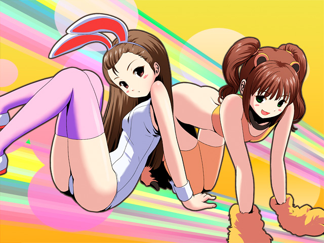 ponnetsu, minase iori, takatsuki yayoi, idolmaster, idolmaster (classic), idolmaster 1, 00s, 2girls, animal ears, bottomless, female focus, multiple girls, old school swimsuit, one-piece swimsuit, playboy bunny swimsuit, rabbit ears, school swimsuit, swimsuit, thighhighs, twintails, white one-piece swimsuit, white school swimsuit