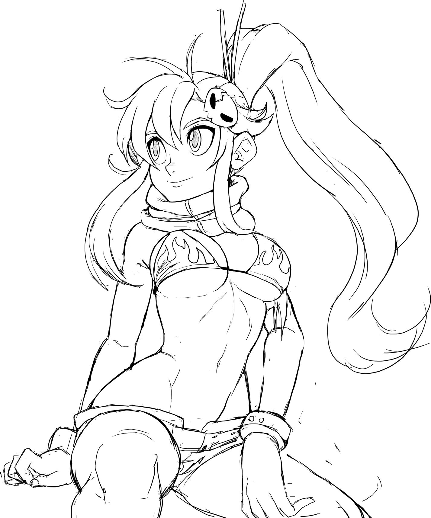 teevo, gurren-lagann, yoko littner, highres, bikini, bikini top only, breasts, cleavage, cleft of venus, flame print, hair ornament, long hair, midriff, navel, ponytail, scarf, sitting, sketch, skull hair ornament, swimsuit, underboob, wrist cuffs