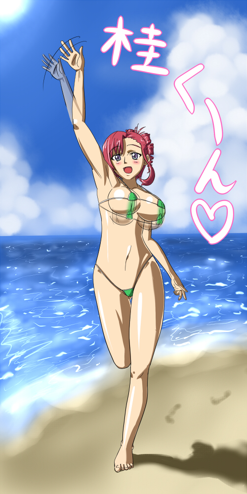 pairu, kazami mizuho, onegai teacher, 00s, 1girl, barefoot, beach, bikini, bouncing breasts, breasts, cloud, day, feet, female focus, green bikini, large breasts, legs, long hair, micro bikini, ocean, outdoors, purple eyes, red hair, running, sky, solo, swimsuit, thigh gap, thighs, waving