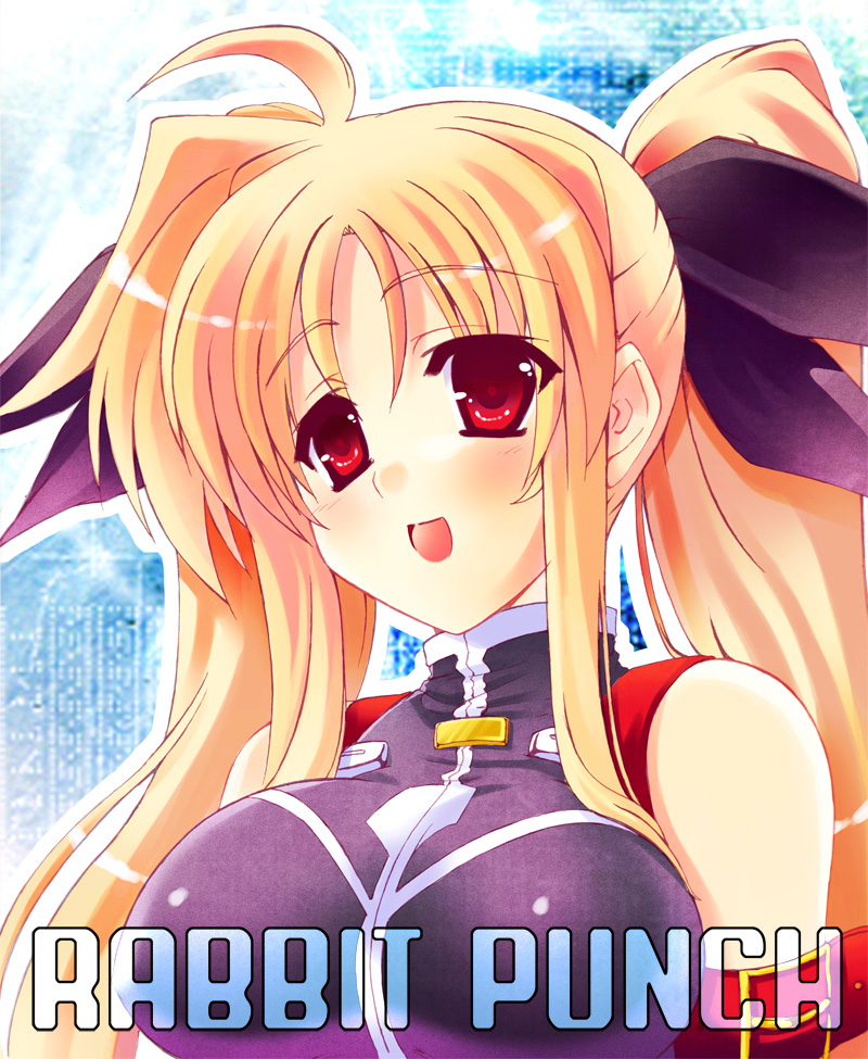 iga tamaki, fate testarossa, fate testarossa (true sonic form), lyrical nanoha, mahou shoujo lyrical nanoha, mahou shoujo lyrical nanoha strikers, 00s, 1girl, ahoge, armband, blonde hair, blush, breasts, close-up, female focus, hair ribbon, large breasts, long hair, open mouth, red eyes, ribbon, shiny clothes, smile, solo, strap, turtleneck, twintails