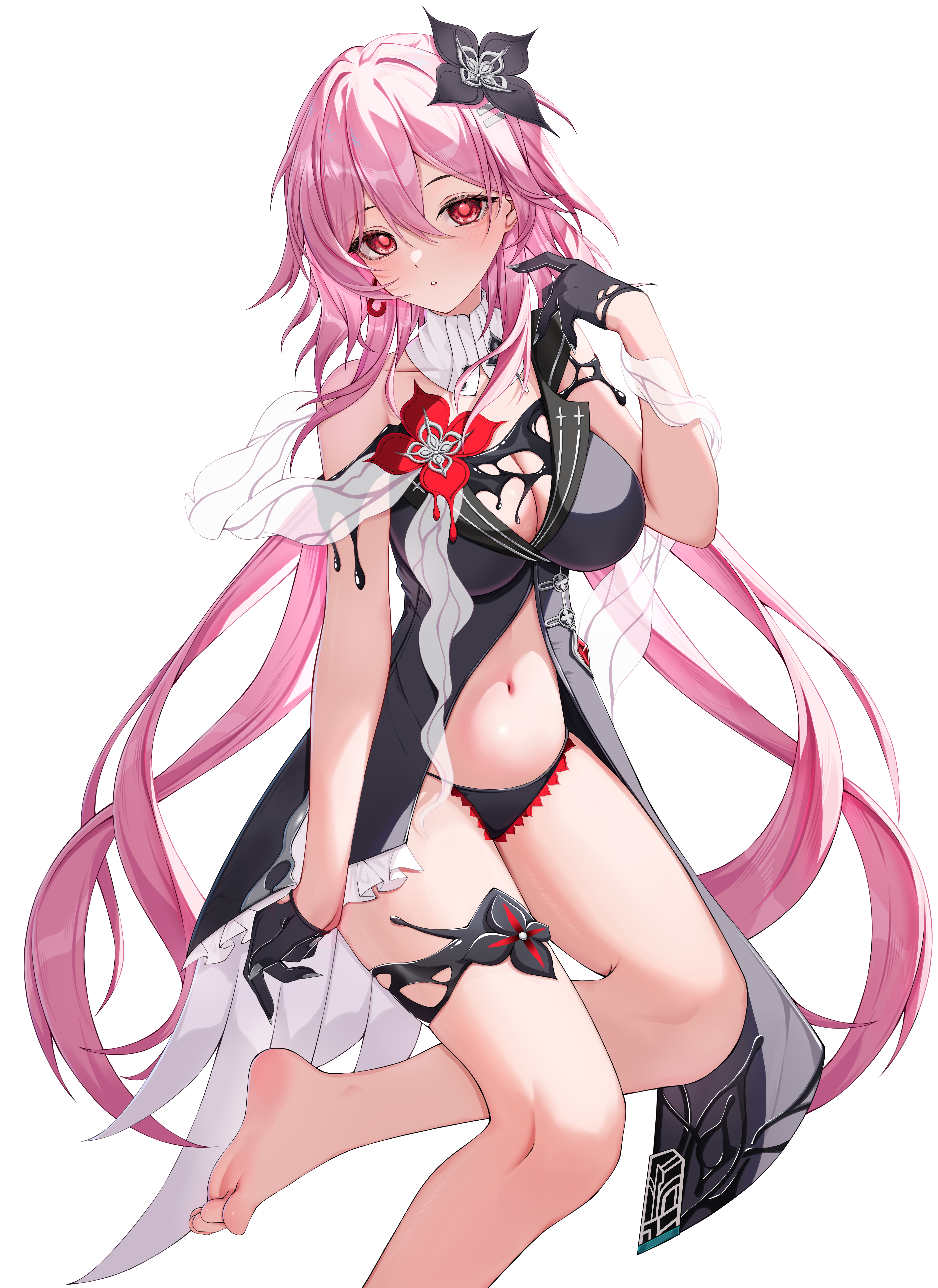 katal, evernight (honkai: star rail), march 7th (honkai: star rail), honkai: star rail, honkai (series), absurdres, commentary request, highres, 1girl, barefoot, black dress, black gloves, black liquid, black panties, breasts, cleavage, dress, earrings, flower, gloves, hair flower, hair ornament, jewelry, long hair, looking at viewer, medium breasts, navel, panties, pink hair, red eyes, simple background, soles, solo, thigh strap, thighs, toes, underwear, very long hair, white background