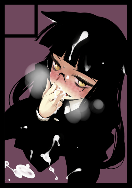 yurikawa, female protagonist (houkago play), houkago play, 1girl, animal ears, black border, black hair, blush, border, breath, cat ears, circle cut, cum, cum on body, facial, female focus, glasses, long hair, pantyhose, solo, yellow eyes