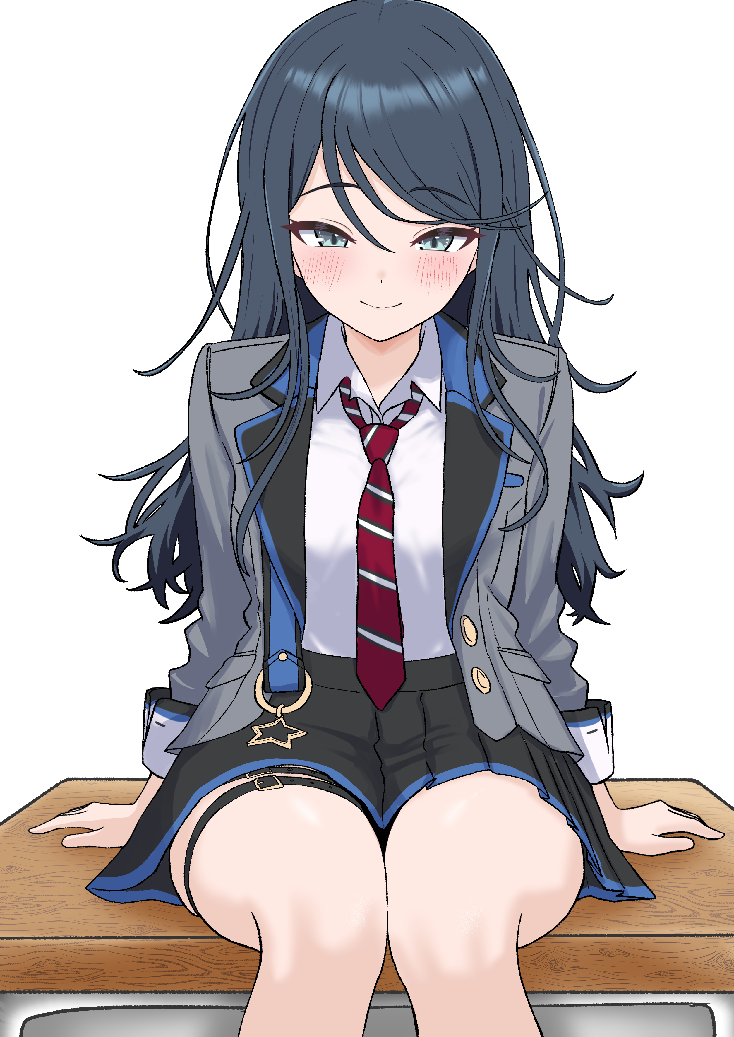 oldsickkim, hoshino ichika (project sekai), project sekai, absurdres, commission, highres, skeb commission, 1girl, black hair, black skirt, blazer, blue eyes, closed mouth, collared shirt, desk, grey jacket, jacket, long hair, long sleeves, looking at viewer, miniskirt, necktie, on desk, open clothes, open jacket, pleated skirt, red necktie, school uniform, shirt, simple background, sitting, skirt, smile, solo, striped necktie, thigh strap, white background, white shirt
