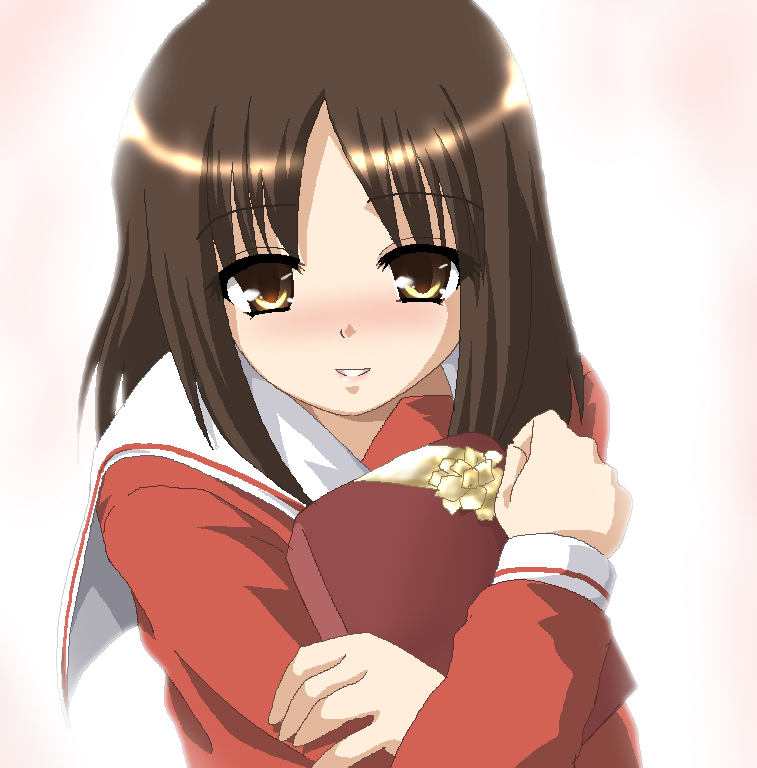 hayashiya zankurou, kasuga ayumu, azumanga daiou, 1girl, brown eyes, brown hair, female focus, heart, looking at viewer, school uniform, serafuku, short hair, simple background, solo, valentine