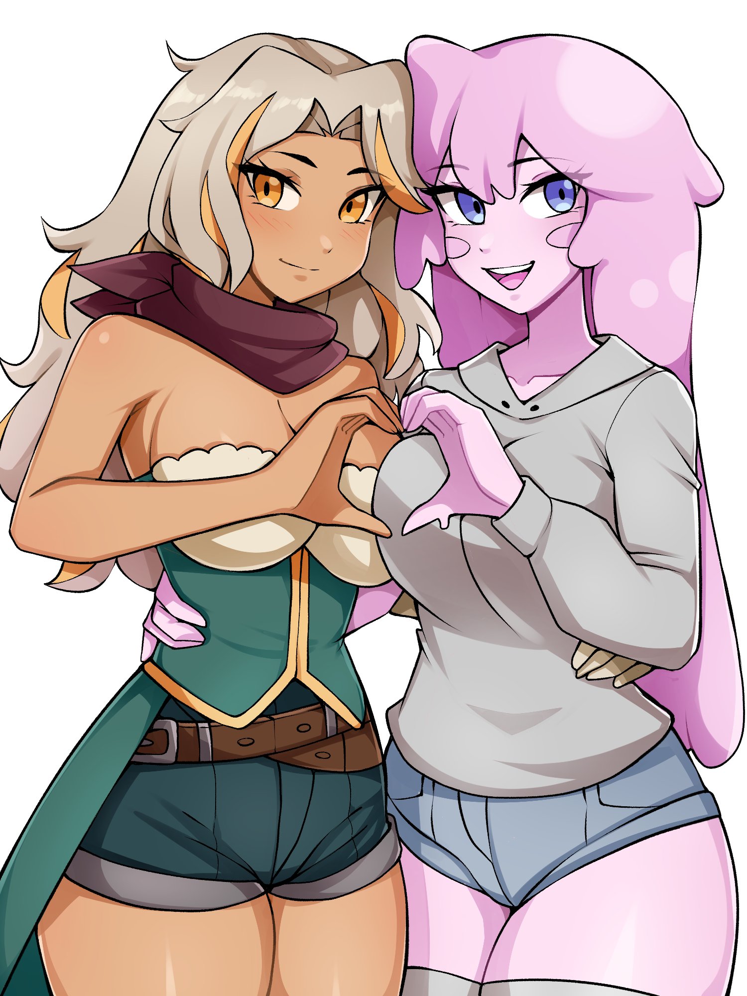 oninuer, original, commentary, commission, english commentary, highres, 2girls, blue eyes, blue shorts, blush stickers, breasts, brown scarf, closed mouth, colored skin, cowboy shot, double-parted bangs, dress, green dress, grey hair, grey hoodie, hand on another's waist, heart, heart hands, heart hands duo, hood, hood down, hoodie, large breasts, long hair, long sleeves, looking at viewer, multicolored hair, multiple girls, open mouth, orange eyes, orange streaks, pink hair, pink skin, scarf, short shorts, shorts, simple background, smile, streaked hair, white background