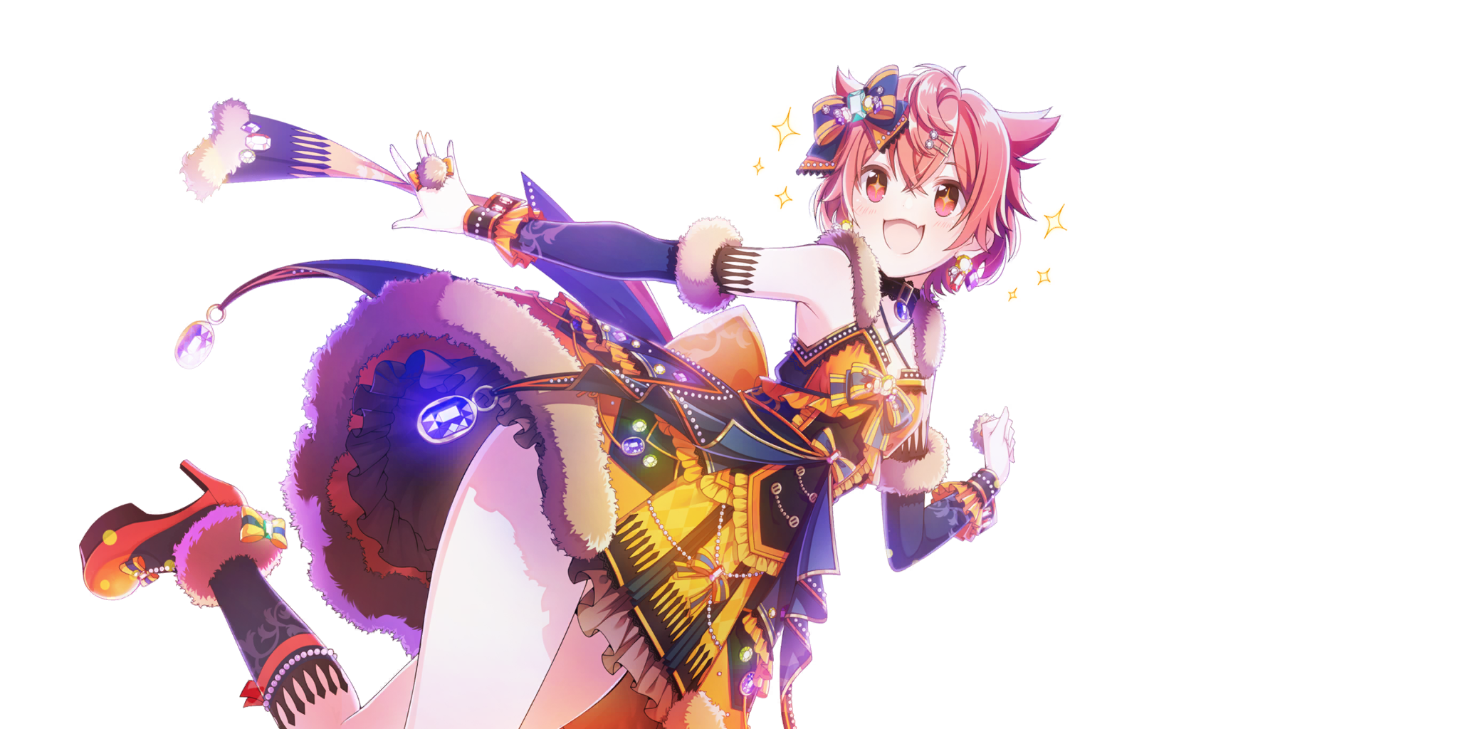 salsa (lapis re:lights), lapis re:lights, game cg, highres, official art, third-party source, + +, 1girl, :d, bare legs, black socks, bow, detached sleeves, double-parted bangs, dress, earrings, fang, fur-trimmed skirt, fur trim, gem, hair flaps, hair ornament, hairclip, hand up, high heels, jewelry, kneehighs, messy hair, open mouth, orange bow, orange dress, orange hair, orange shoes, orange skirt, outstretched arm, platform heels, purple gemstone, purple sleeves, red eyes, shoes, short hair, simple background, skin fang, skirt, smile, socks, solo, sparkle, standing, standing on one leg, striped bow, thighs, transparent background