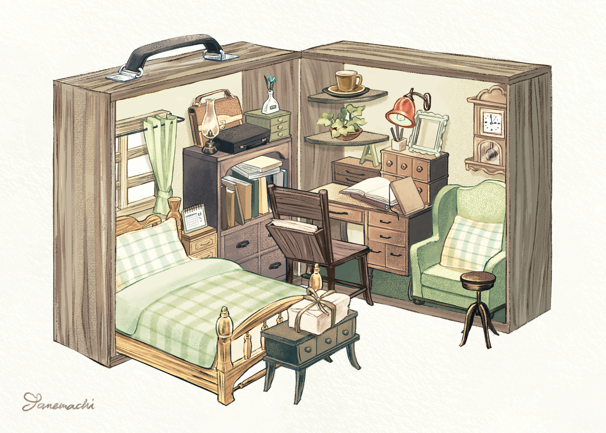 somemachi, original, highres, absurdly detailed composition, alarm clock, bed, bedroom, book, book stack, bookshelf, chair, clock, curtains, desk, desk lamp, dorm, indoors, kerosene lamp, lamp, loaded interior, miniature, office chair, open book, pen, picture frame, plant, potted plant, reed diffuser, scene reference, shelf, sticky note, suitcase, swivel chair, table, window