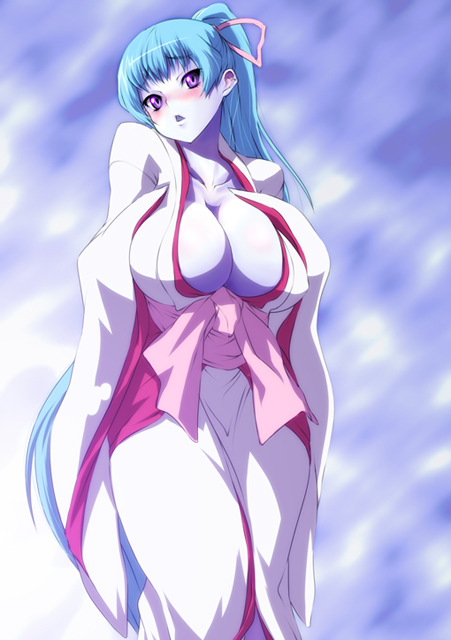 nekomamire, aoi (gegege no kitarou), gegege no kitarou, toei company, 1girl, blue hair, blush, breasts, curvy, female focus, huge breasts, japanese clothes, long hair, pale skin, ponytail, purple eyes, solo, yuki onna