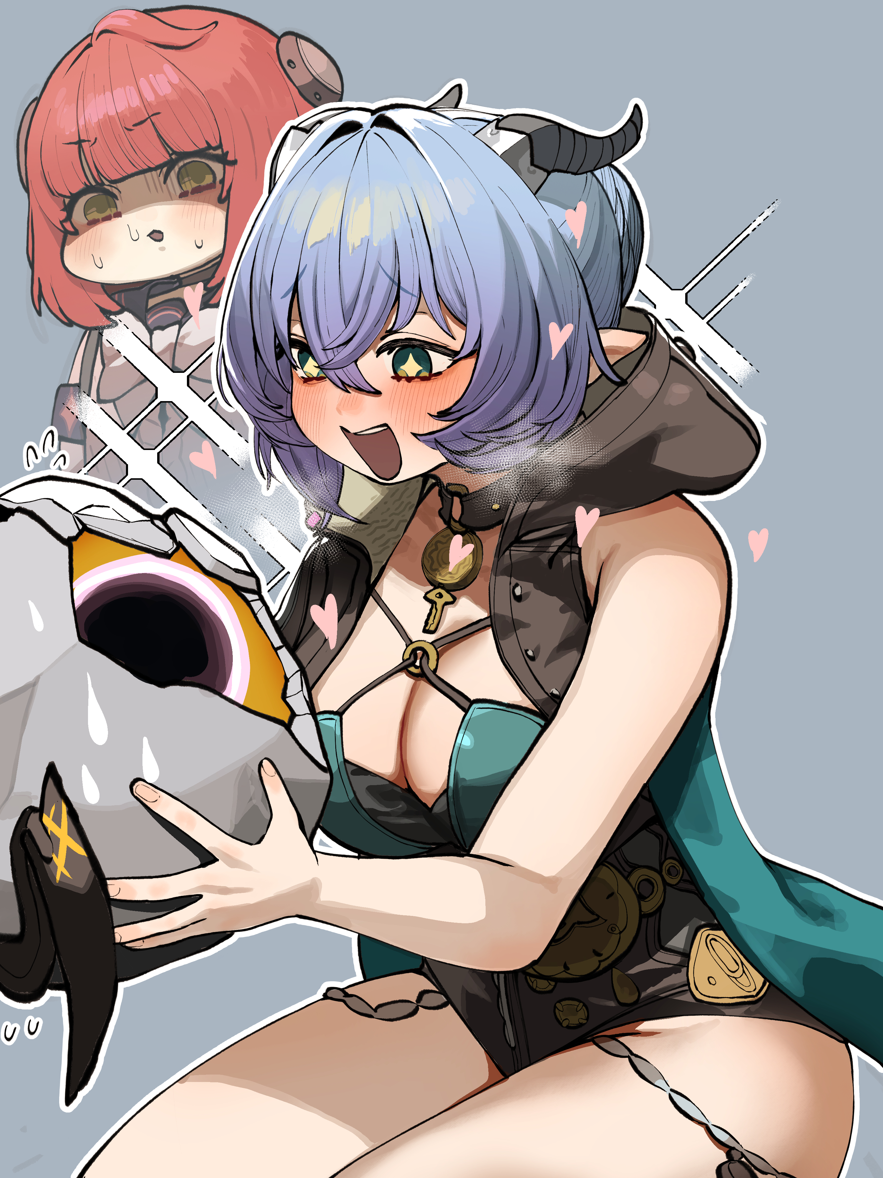 chroong, ethereal (zenless zone zero), lucia elowen, ukinami yuzuha, zenless zone zero, absurdres, commentary request, highres, korean commentary, + +, 2girls, :d, armpit crease, bare shoulders, black sailor collar, black unitard, blue hair, bow, breasts, cardigan, choker, cleavage, creature, fingernails, goat girl, goat horns, green eyes, grey background, hair between eyes, holding, holding creature, hood, hood down, horns, multiple girls, o-ring, o-ring top, open mouth, pink cardigan, pointy ears, red hair, sailor collar, simple background, smile, sweat, thighs, white bow