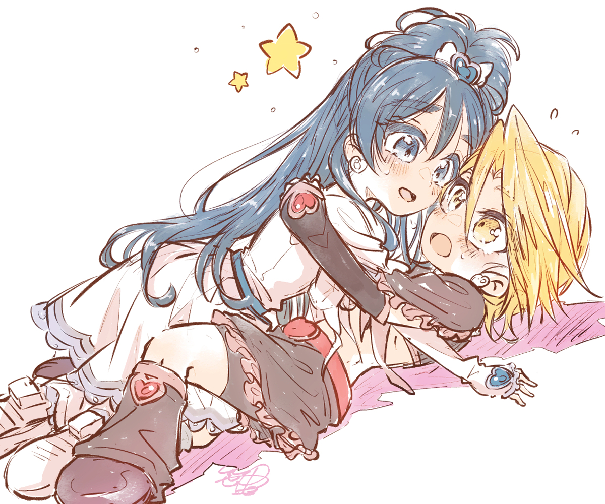 sasano-01, cure black, cure white, misumi nagisa, yukishiro honoka, futari wa precure, precure, 2girls, bike shorts under skirt, black capelet, black leg warmers, black shorts, black skirt, blonde hair, blue eyes, blue hair, blush, brooch, capelet, crop top, dress, earrings, frilled capelet, frilled skirt, frills, hair between eyes, heart, heart brooch, heart earrings, jewelry, leg warmers, long hair, lying, miniskirt, multiple girls, on back, open mouth, short dress, short hair, shorts, sketch, skirt, sweatdrop, very long hair, white dress, yellow eyes