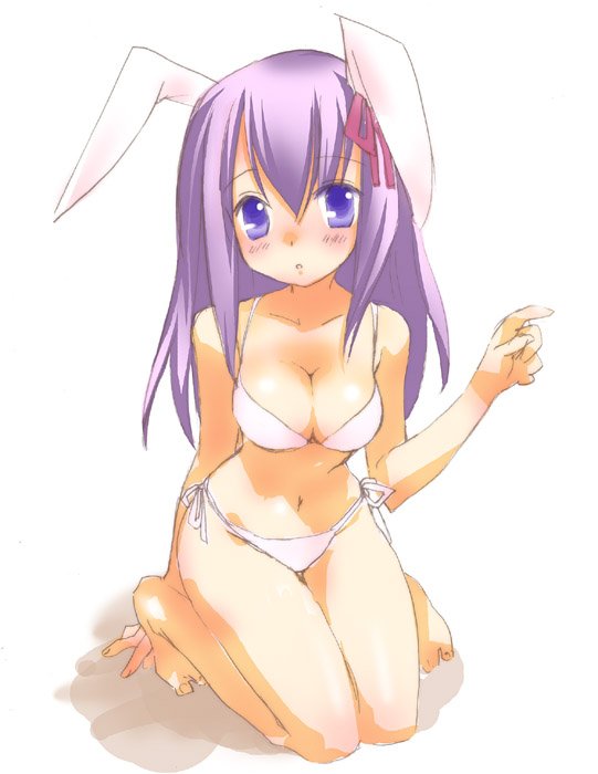 mofmof (sousa), matou sakura, fate/stay night, fate (series), bad id, bad pixiv id, 00s, animal ears, barefoot, bikini, blue eyes, kneeling, long hair, purple hair, rabbit ears, solo, swimsuit, white bikini