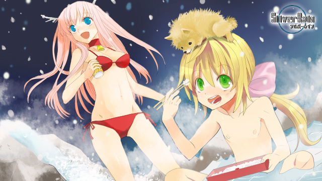 eitomo haruno, silver rain, 1boy, 1girl, antlers, bell, bento, bikini, blonde hair, blue eyes, blush, breasts, can, choker, chopsticks, food, green eyes, horns, long hair, mixed-sex bathing, night, night sky, nipples, object on head, onsen, open mouth, outdoors, pink hair, ponytail, rice, shared bathing, side-tie bikini bottom, sitting, sky, small breasts, snow, submerged, swimsuit