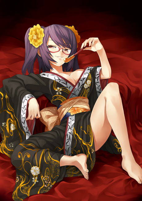 murata taichi, original, 1girl, bad anatomy, bad feet, barefoot, breasts, cleavage, feet, female focus, flower, glasses, hair flower, hair ornament, holding, japanese clothes, kimono, kiseru, knee up, large breasts, leaning back, long hair, looking at viewer, purple hair, red-framed eyewear, red eyes, semi-rimless eyewear, sitting, smile, smoking pipe, solo, swept bangs, twintails, under-rim eyewear