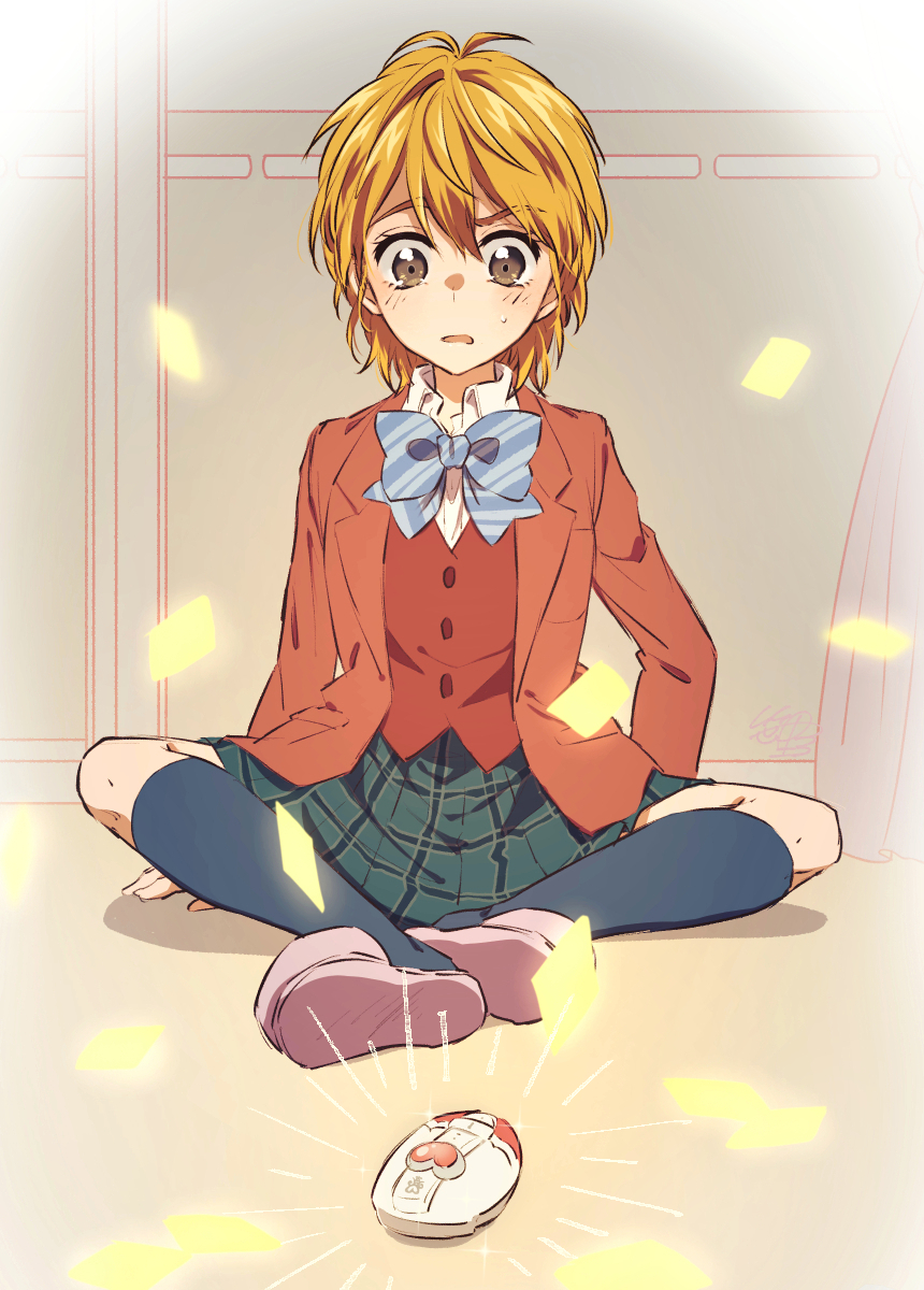 sasano-01, misumi nagisa, futari wa precure, precure, highres, 1girl, blonde hair, blue bow, blue bowtie, blue socks, bow, bowtie, brown eyes, collared shirt, full body, green skirt, hair between eyes, jacket, kneehighs, looking down, miniskirt, open clothes, open jacket, open mouth, pink shoes, plaid clothes, plaid skirt, pleated skirt, red jacket, red vest, school uniform, shirt, shoes, short hair, sitting, sketch, skirt, socks, solo, striped bow, striped bowtie, striped clothes, sweatdrop, verone gakuin school uniform, vest, wavy mouth, white shirt