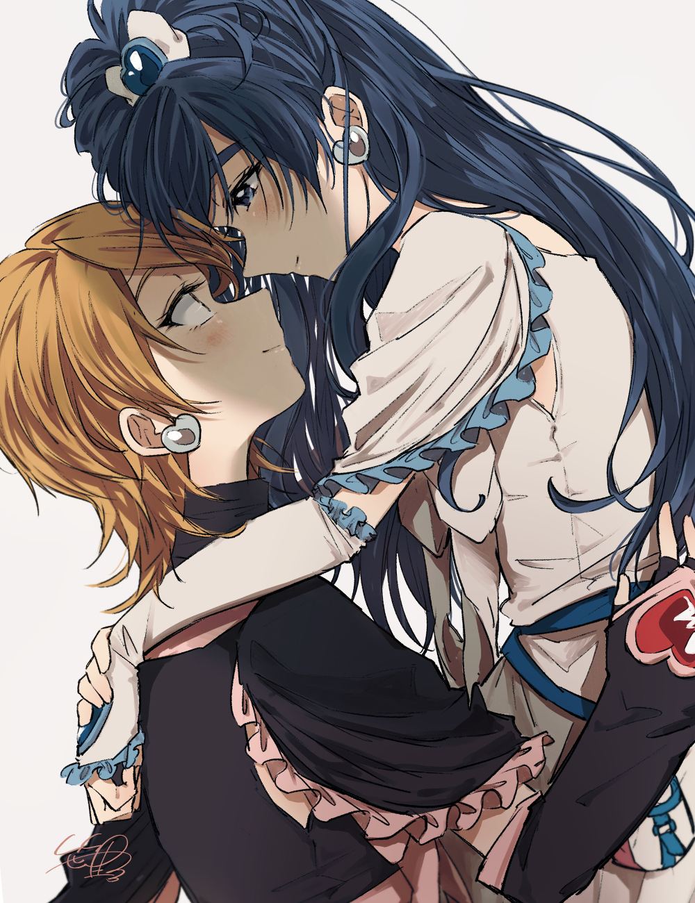 sasano-01, cure black, cure white, misumi nagisa, yukishiro honoka, futari wa precure, precure, highres, 2girls, black capelet, black gloves, black sleeves, blue eyes, blue hair, brooch, brown hair, capelet, closed mouth, couple, detached sleeves, dress, earrings, eye contact, fingerless gloves, frilled capelet, frills, gloves, grey background, heart, heart brooch, heart earrings, jewelry, long hair, looking at another, multiple girls, short hair, smile, very long hair, white capelet, white dress, white sleeves, yuri